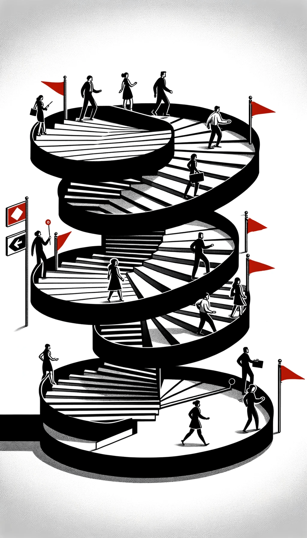 DALL·E 2023-10-25 18.54.38 - Illustration of a black and white spiral staircase in portrait orientation, representing the upward journey of a project. Diverse individuals climb th.png